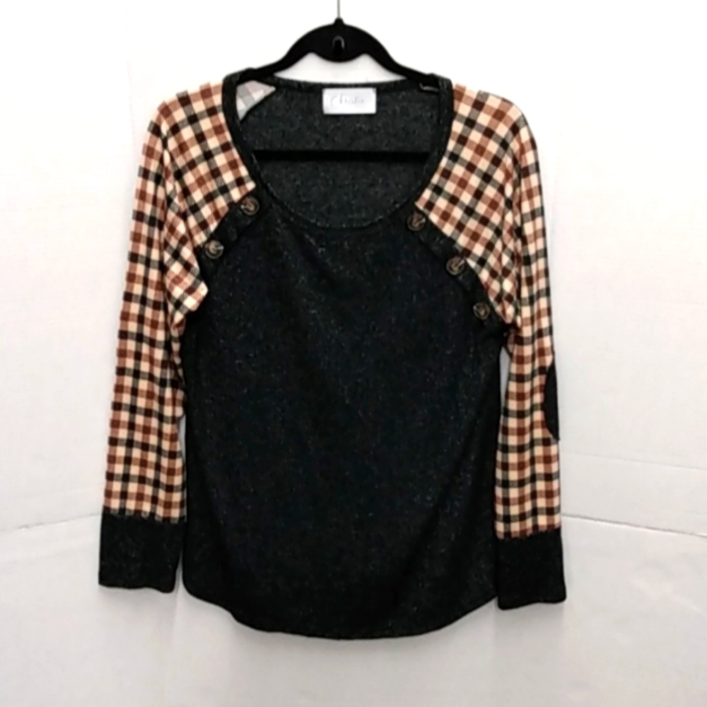 Jenny Boston Christie  elbow patch checkered long sleeve lightweight top…